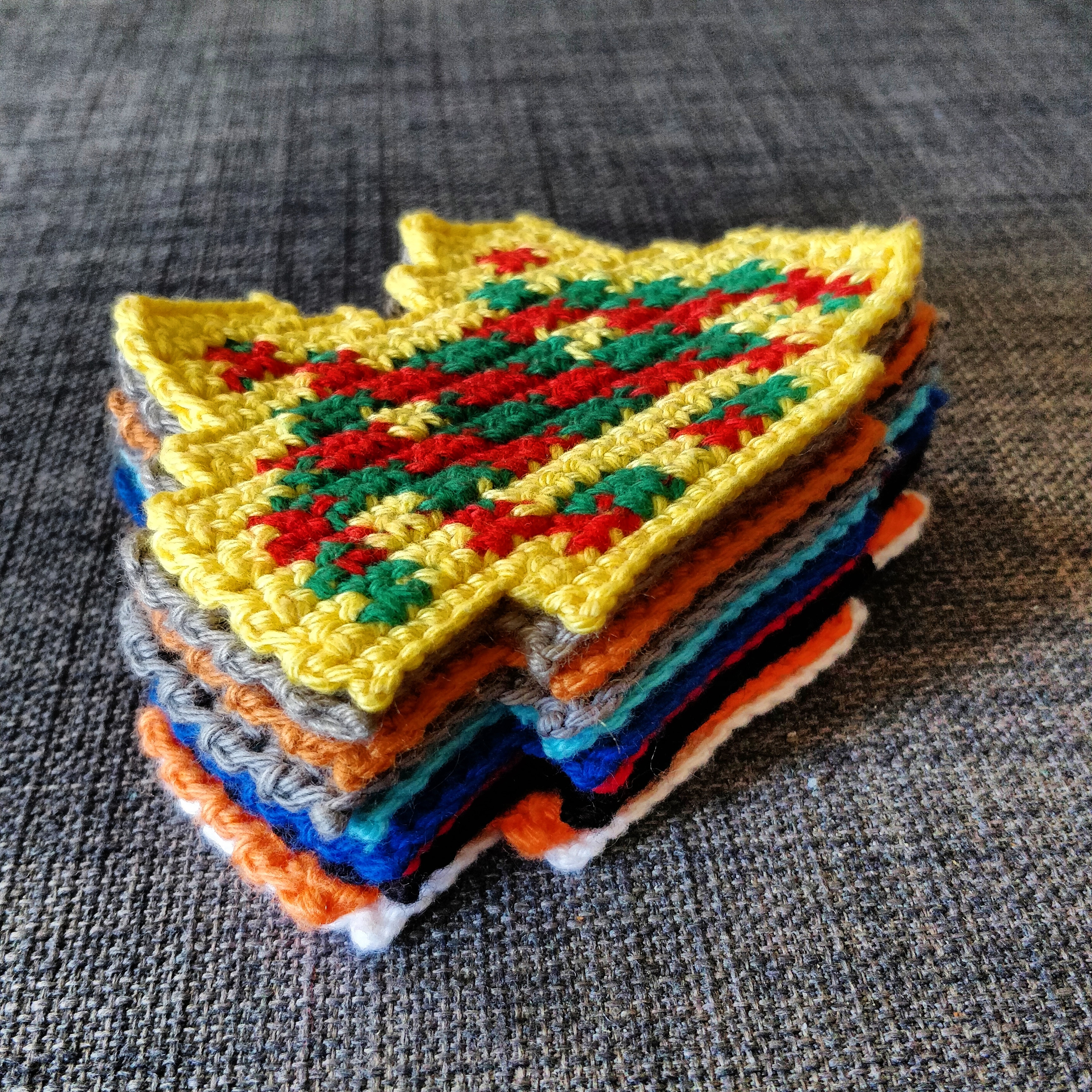 A pile of crocheted space invaders